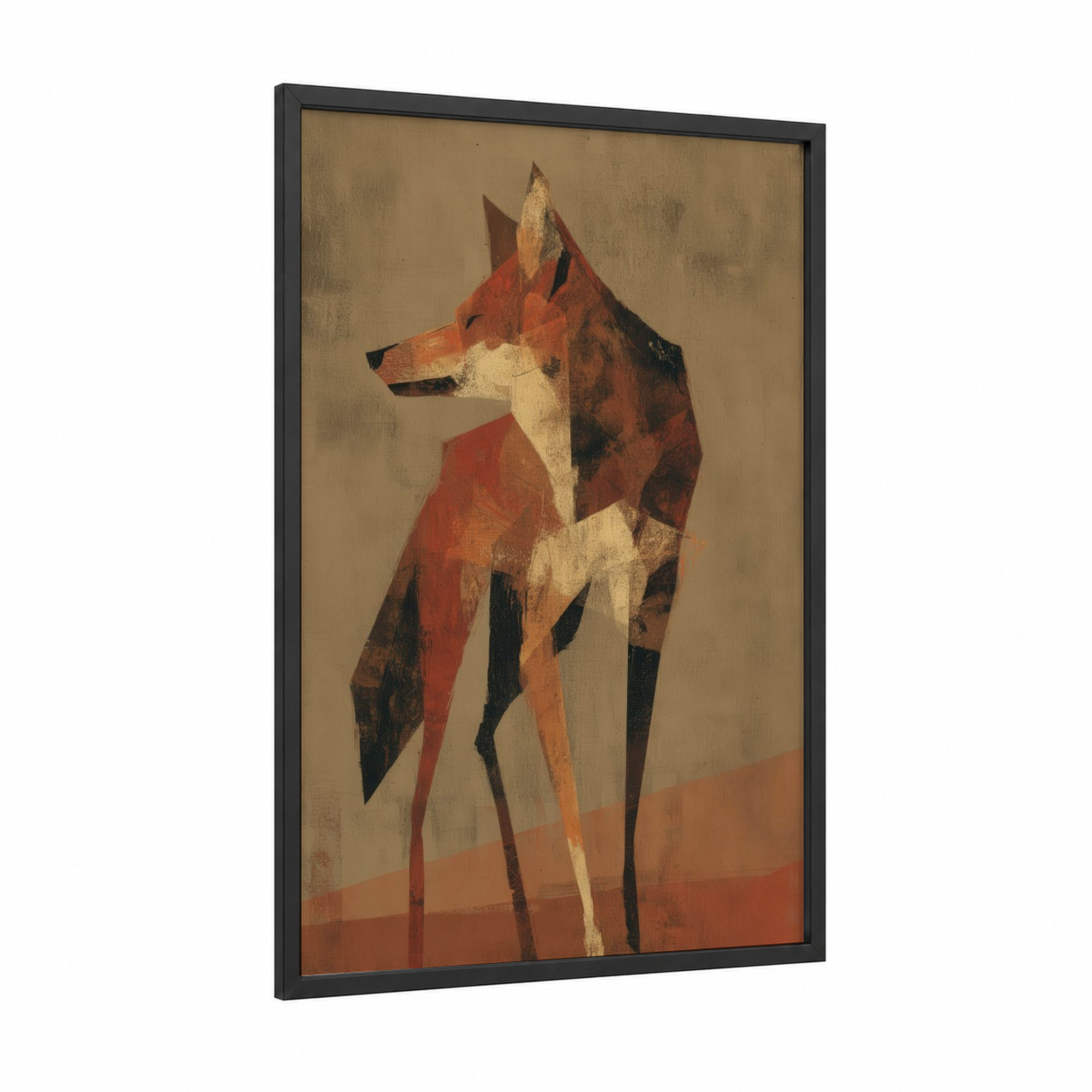 Geometric Coyote framed art print — black wood frame — cream palette