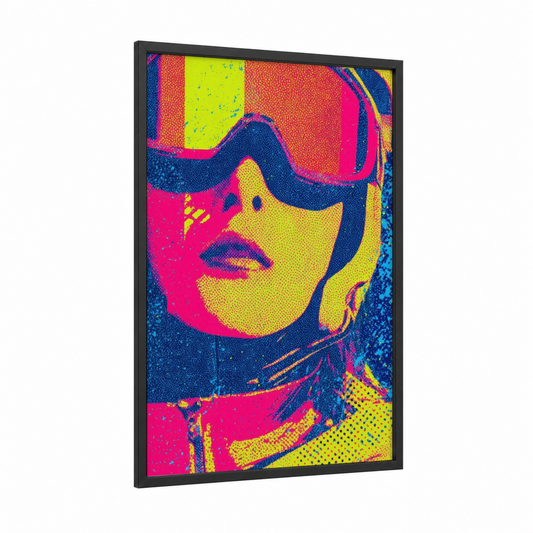 Neon Skier Portrait framed skiing print — black wood frame — magenta and yellow gold palette
