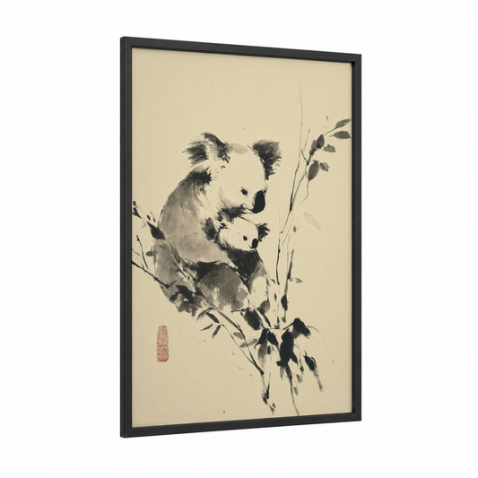 Ink Koala framed art print — black wood frame — black and white and cream palette