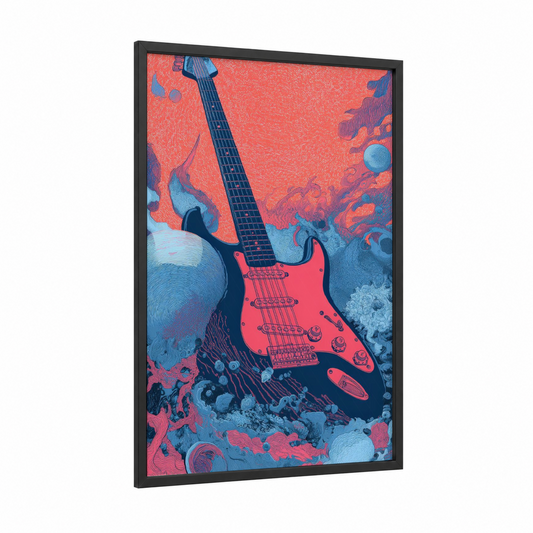 Cosmic Electric Guitar framed art print — black wood frame — red and blue palette