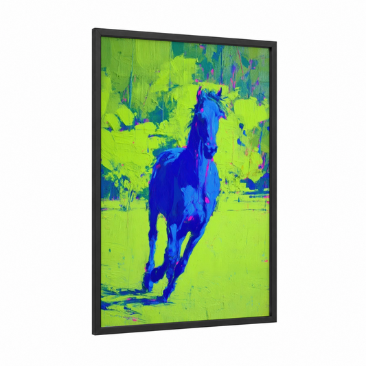 Blue Andalusian framed andalusian horse print — black wood frame — blue and lime green palette