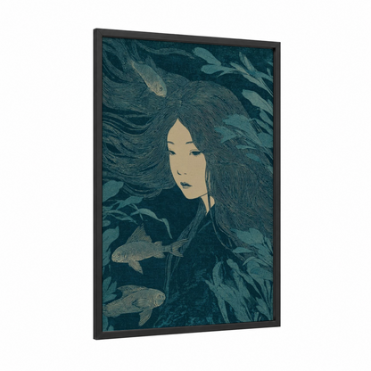 Underwater Siren framed art print — black wood frame — teal and cream palette
