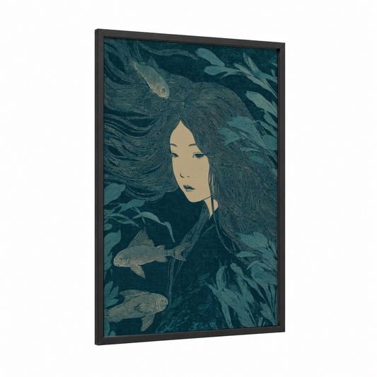 Underwater Siren framed art print — black wood frame — teal and cream palette