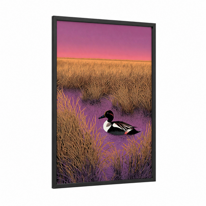 Sunset Duck Marsh framed ducks print — black wood frame — magenta and gold palette