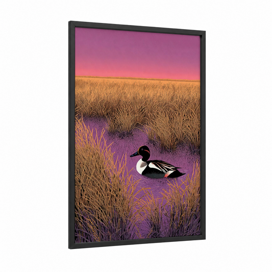 Sunset Duck Marsh framed ducks print — black wood frame — magenta and gold palette