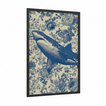 Blue Shark Botanical framed bull shark print — black wood frame — blue and cream palette
