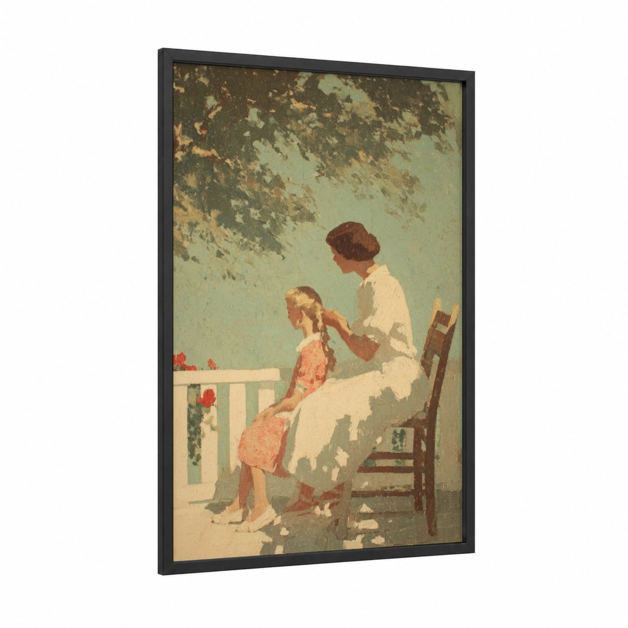 Tender Braiding Moment framed mother's day print — black wood frame — cream and sage green palette