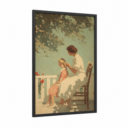Tender Braiding Moment framed mother's day print — black wood frame — cream and sage green palette
