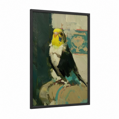 Curious Budgie framed budgeridar print — black wood frame — yellow gold and dark green palette