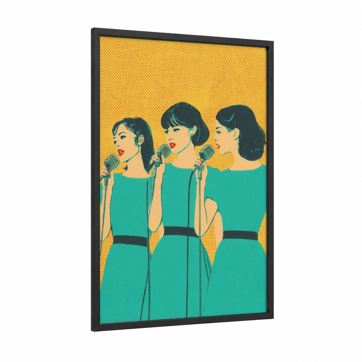 Retro Pop Singers framed art print — black wood frame — yellow gold and teal palette