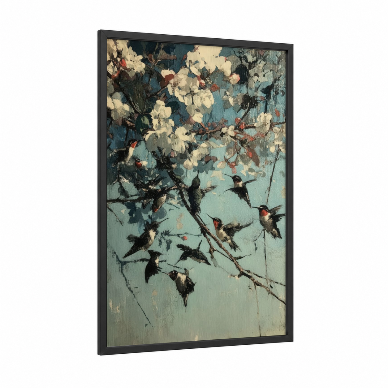 Blossom Hummingbirds framed art print — black wood frame — teal and cream palette