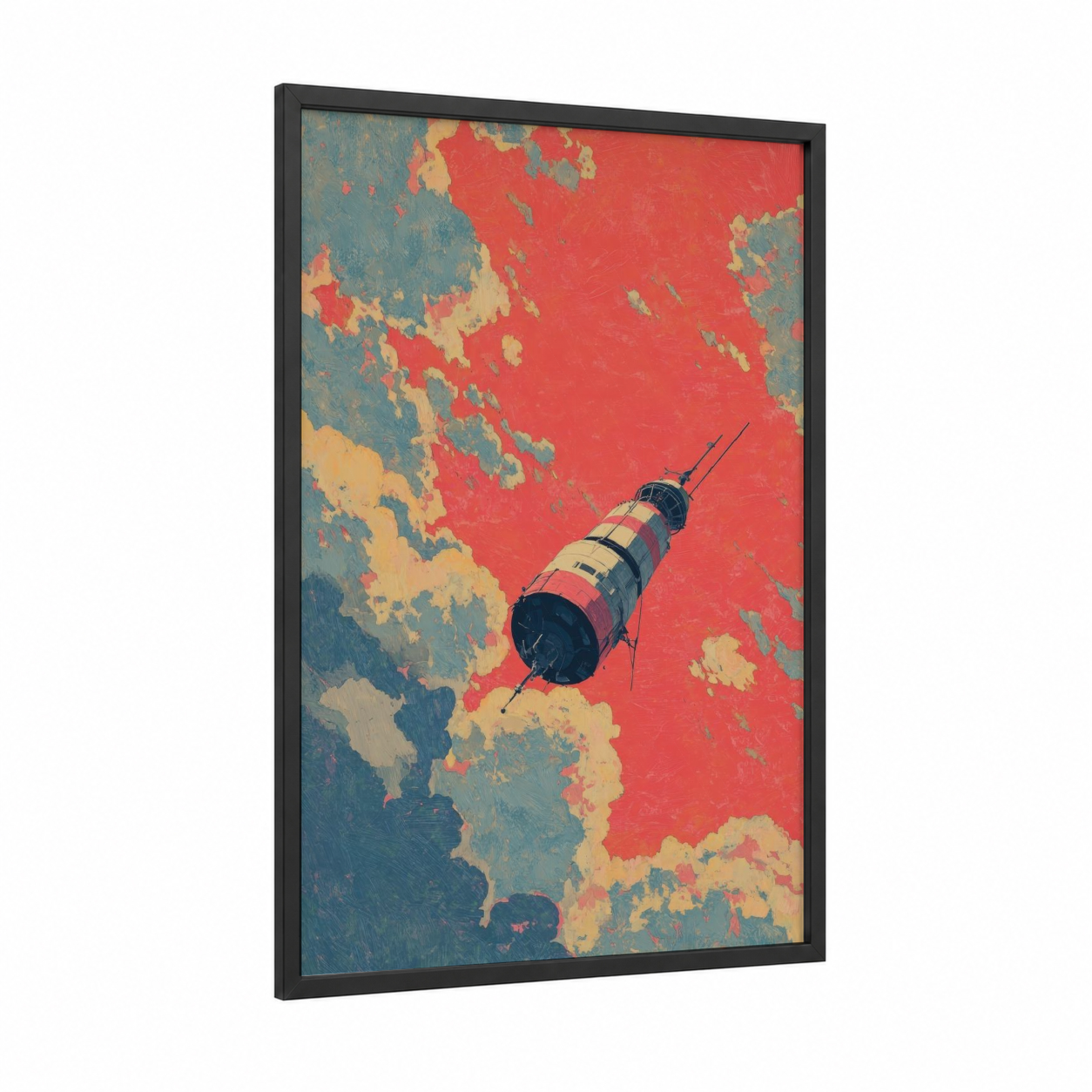 Orbital Satellite framed art print — black wood frame — red and blue palette