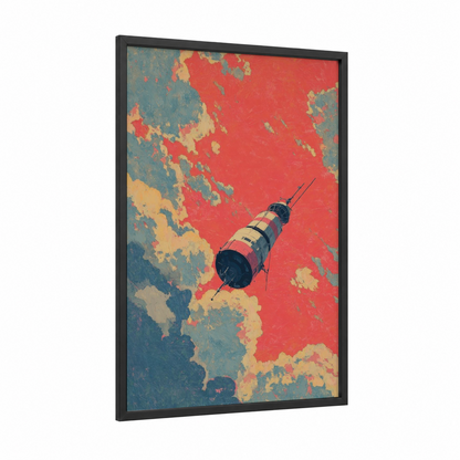 Orbital Satellite framed art print — black wood frame — red and blue palette