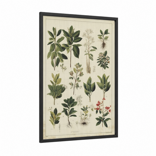 Botanical Mangrove framed art print — black wood frame — dark green and cream palette
