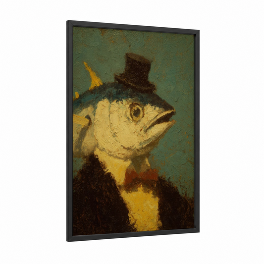 Gentleman Tuna framed art print — black wood frame — teal and yellow gold palette