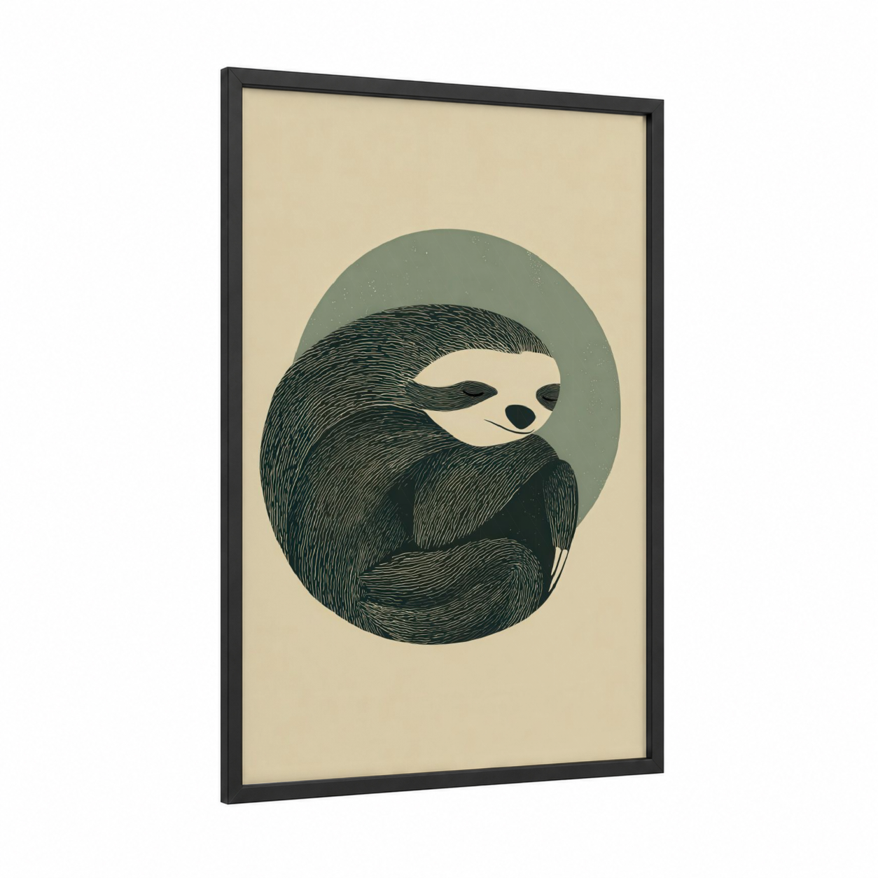Peaceful Sloth framed art print — black wood frame — sage green and cream palette