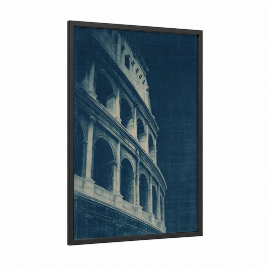 Colosseum Blueprint framed art print — black wood frame — dark blue and blue and white palette