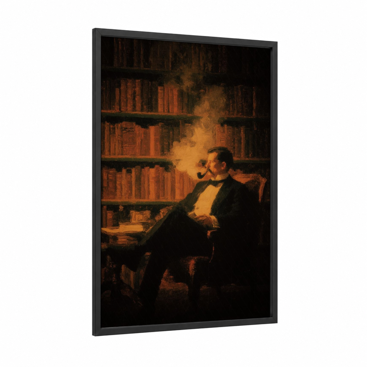 Scholarly Smoke framed art print — black wood frame — gold and black palette