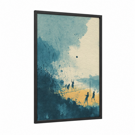 Watercolor Volleyball framed art print — black wood frame — blue and gold palette
