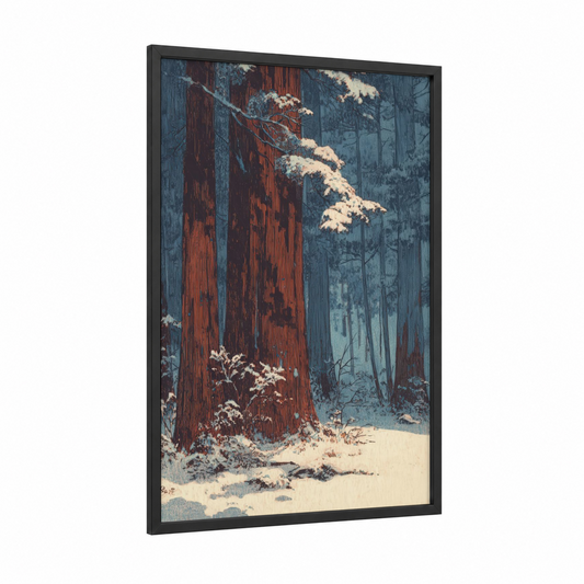 Snowy Redwood framed redwood tree print — black wood frame — blue and white palette