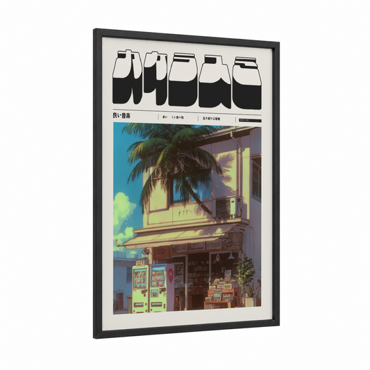 Neon Convenience Store framed anime and manga print — black wood frame — blue and yellow gold palette