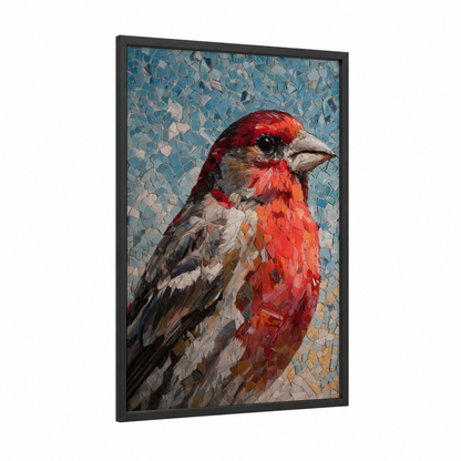 Crimson Finch Portrait framed art print — black wood frame — red and blue palette