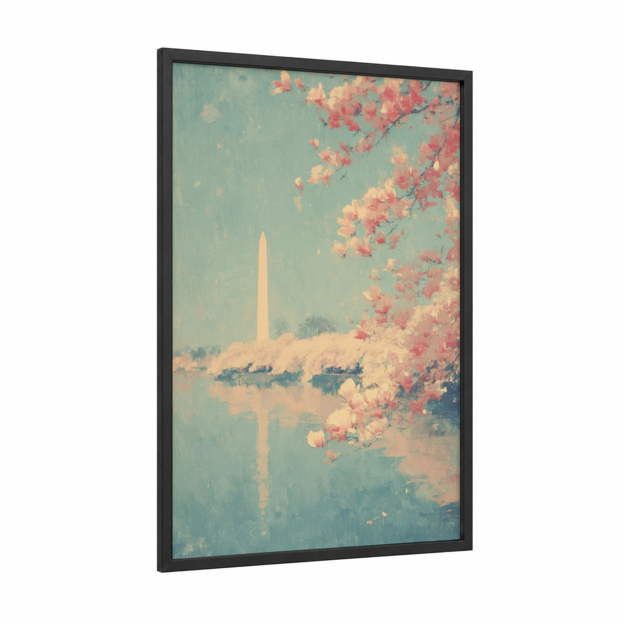 Cherry Blossom Monument framed washington monument print — black wood frame — turquoise and salmon pink palette