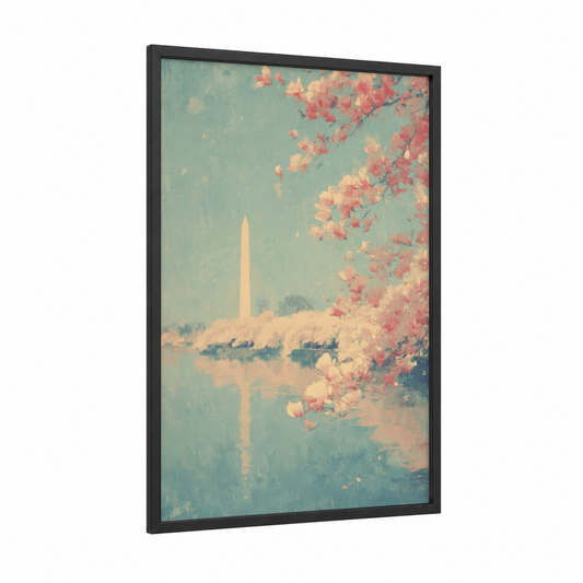 Cherry Blossom Monument framed washington monument print — black wood frame — turquoise and salmon pink palette