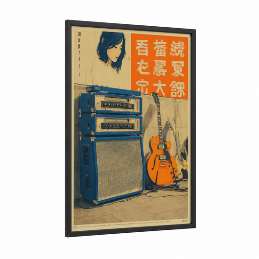 Vintage Amp Girl framed vintage japanese ads print — black wood frame — blue and orange palette