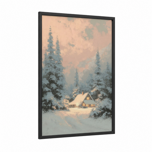 Snowy Cottage Christmas framed art print — black wood frame — cream and blue and gray palette