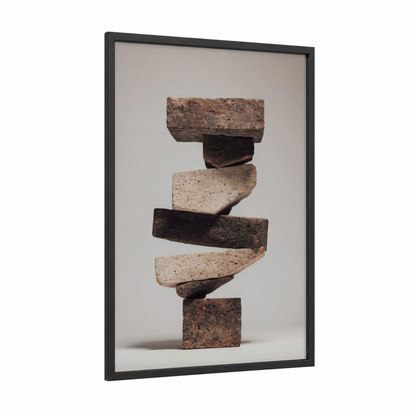 Stacked Stone Balance framed natural stones print — black wood frame — beige and black palette