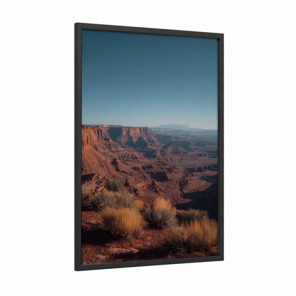 Desert Canyon Vista framed art print — black wood frame — russet and gold palette