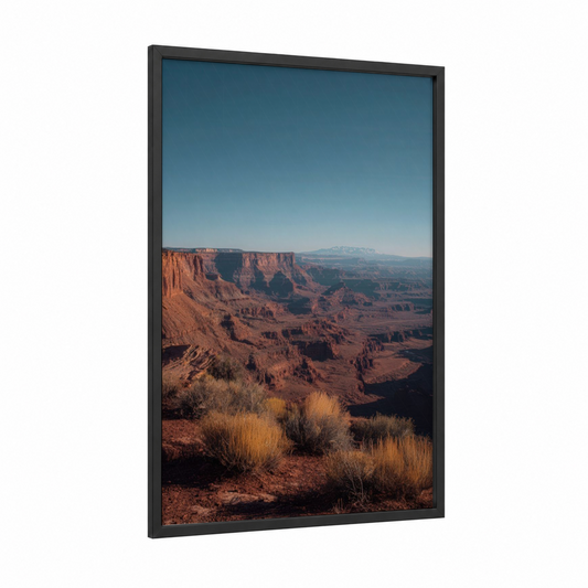 Desert Canyon Vista framed art print — black wood frame — russet and gold palette