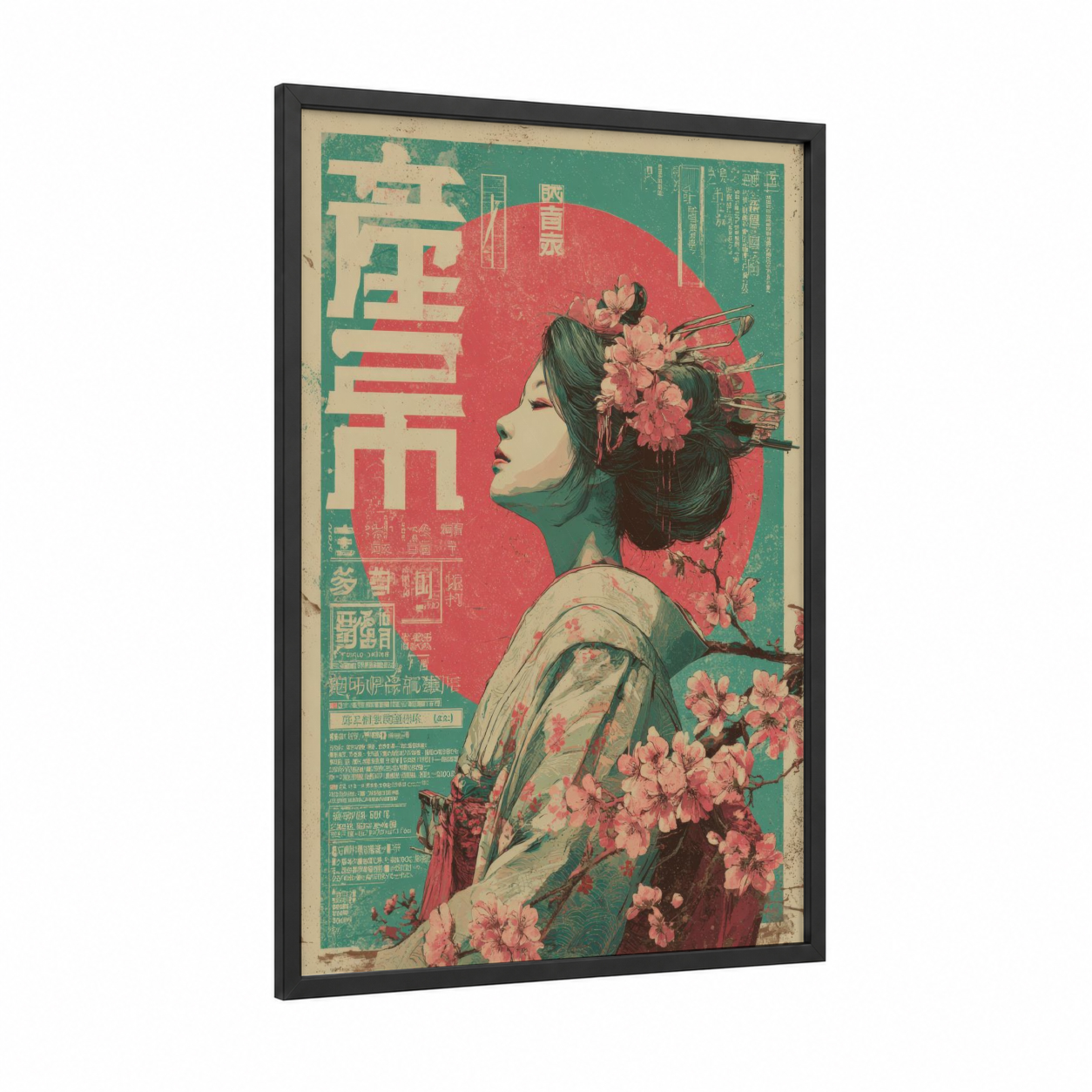 Cherry Blossom Portrait framed vintage japanese ads print — black wood frame — teal and salmon pink palette