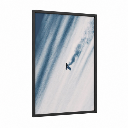 Alpine Skier Descent framed skiing print — black wood frame — blue and white and gray palette