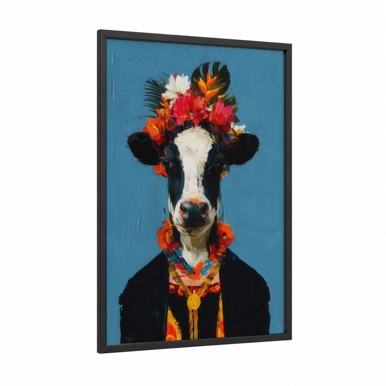 Floral Jersey Cow framed art print — black wood frame — blue and orange palette