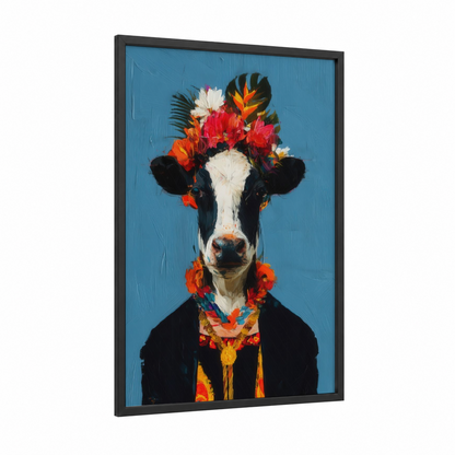 Floral Jersey Cow framed art print — black wood frame — blue and orange palette