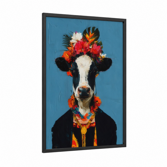Floral Jersey Cow framed art print — black wood frame — blue and orange palette