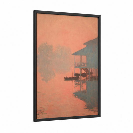 Misty Cottage Dawn framed art print — black wood frame — peach and dove gray palette