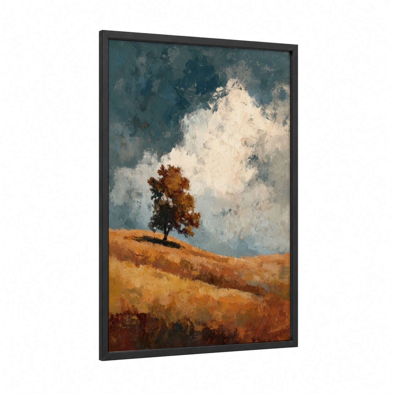 Golden Linden Tree framed art print — black wood frame — gold and blue and gray palette