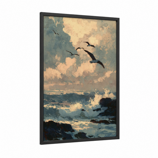 Coastal Morning Flight framed morning sky print — black wood frame — cream and blue and white palette