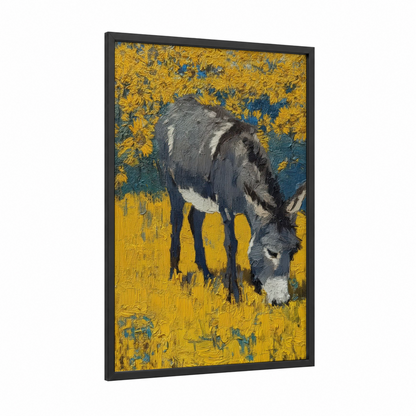 Golden Meadow Donkey framed art print — black wood frame — yellow gold and blue palette