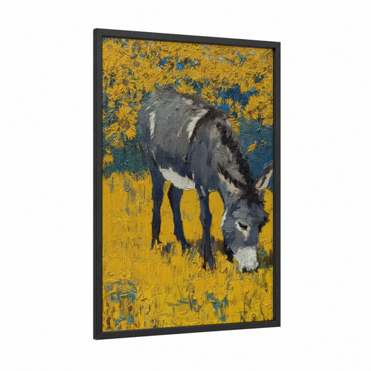 Golden Meadow Donkey framed art print — black wood frame — yellow gold and blue palette