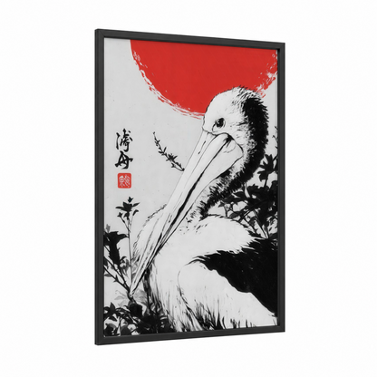 Crimson Pelican framed art print — black wood frame — red and black and white palette