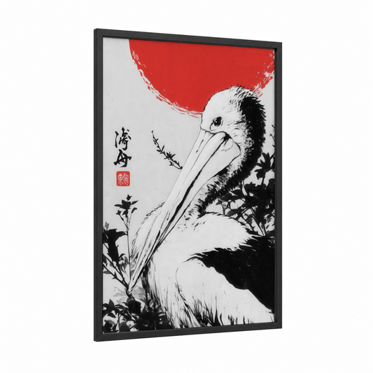 Crimson Pelican framed art print — black wood frame — red and black and white palette
