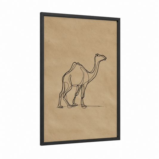 Minimalist Camel framed art print — black wood frame — beige and black palette