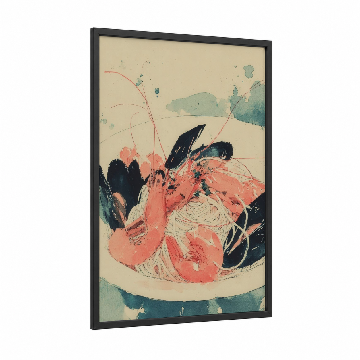 Shrimp Pasta Watercolor framed art print — black wood frame — salmon pink and teal palette
