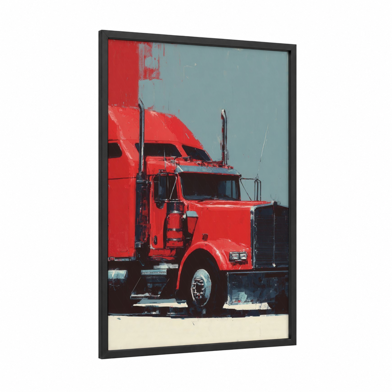 Crimson Big Rig framed fire engine print — black wood frame — red and blue palette