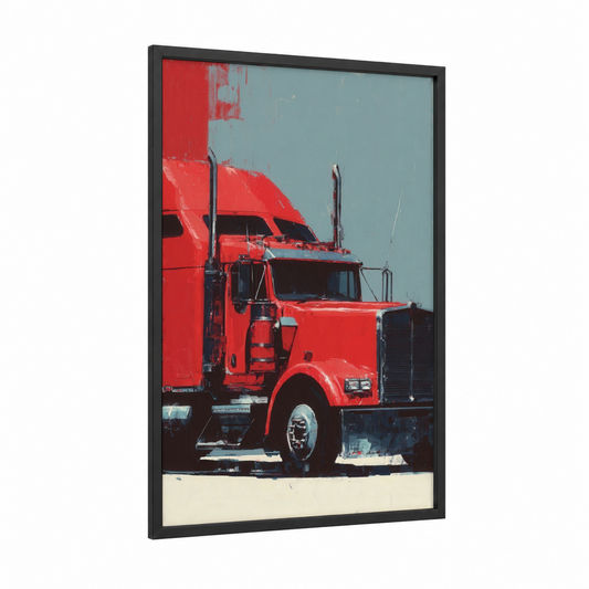 Crimson Big Rig framed fire engine print — black wood frame — red and blue palette