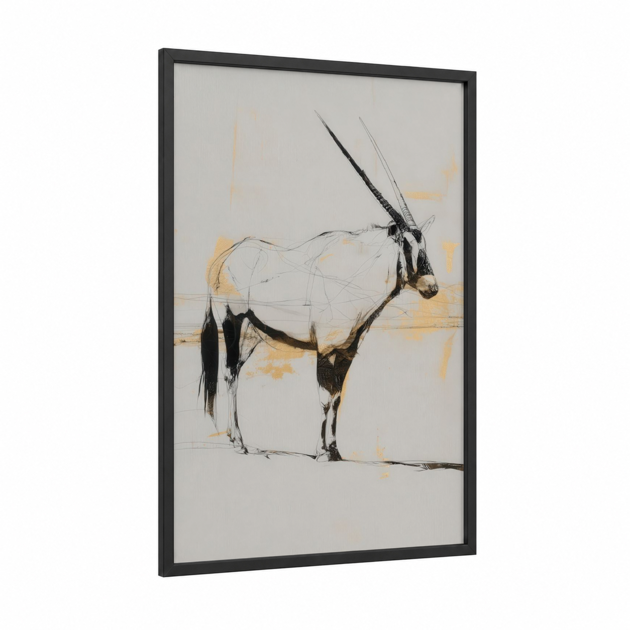 Oryx Stance framed antelope print — black wood frame — black and gold palette